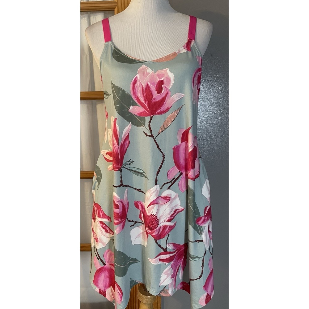 Lilac + London Floral Slip Mini Dress M Pink Sage Asymmetric Hem Romantic Sexy